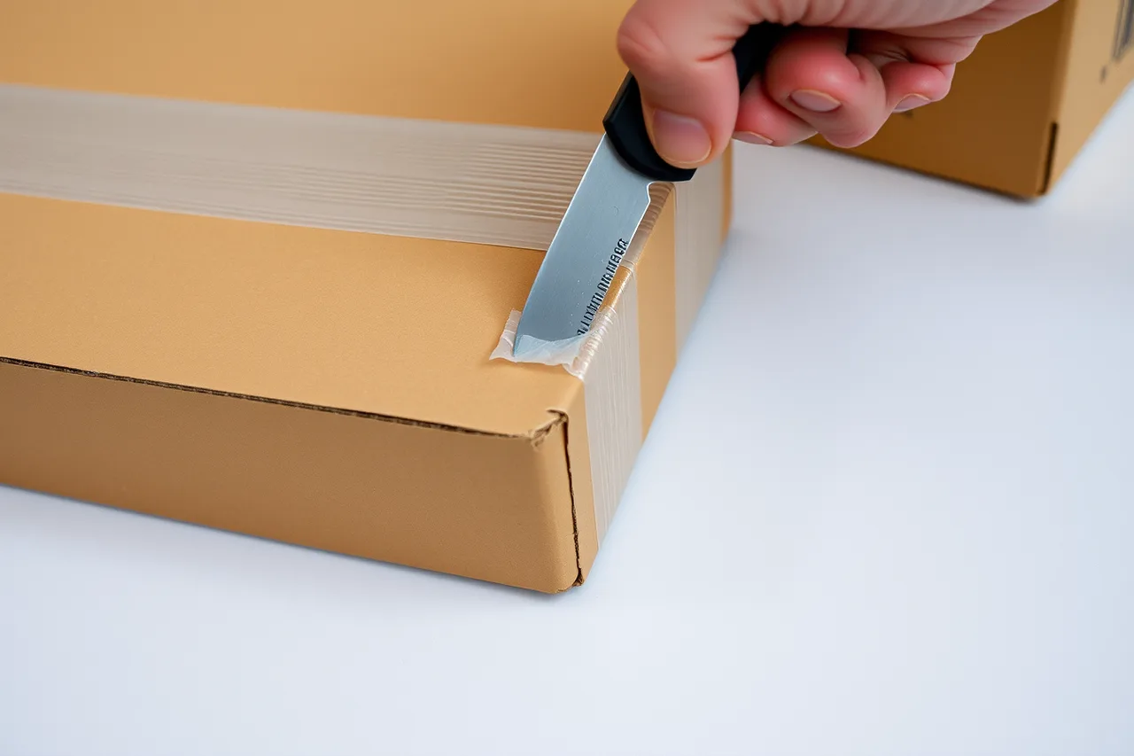 Hands cutting through heavily taped cardboard box seam with a utility knife (7 packaging design mistakes that hurt unboxing)