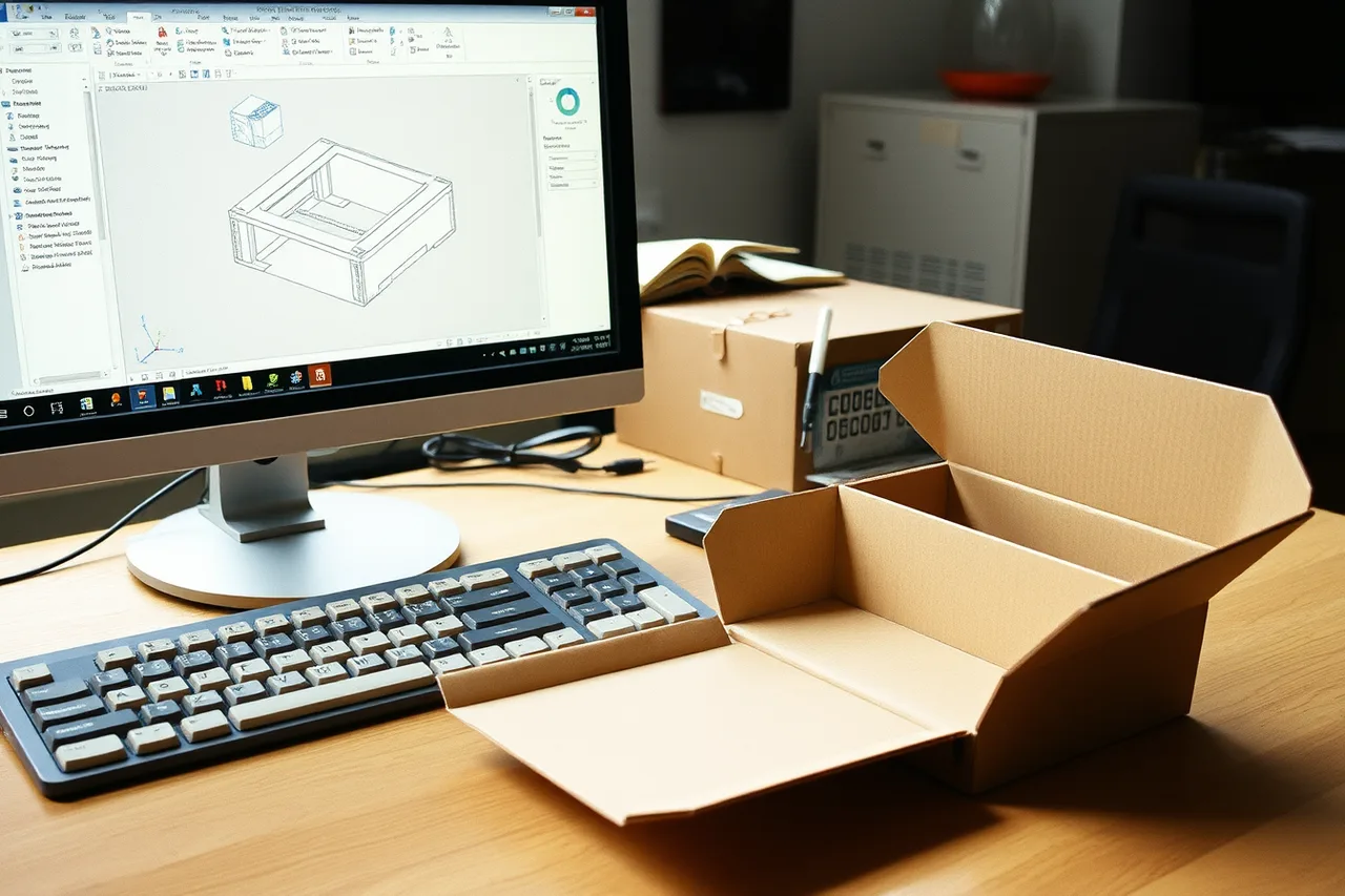 Packaging engineer's screen showing ArtiosCAD carton dieline with physical carton and cutting die (Packaging marketing best tools explained for England buyers)