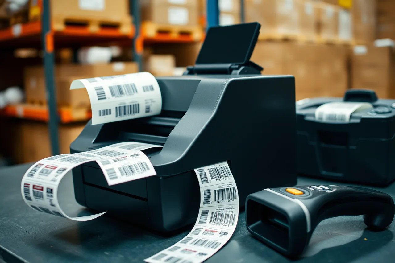 Warehouse thermal printer producing barcode labels with scanner beside it (Packaging marketing best tools explained for England buyers)