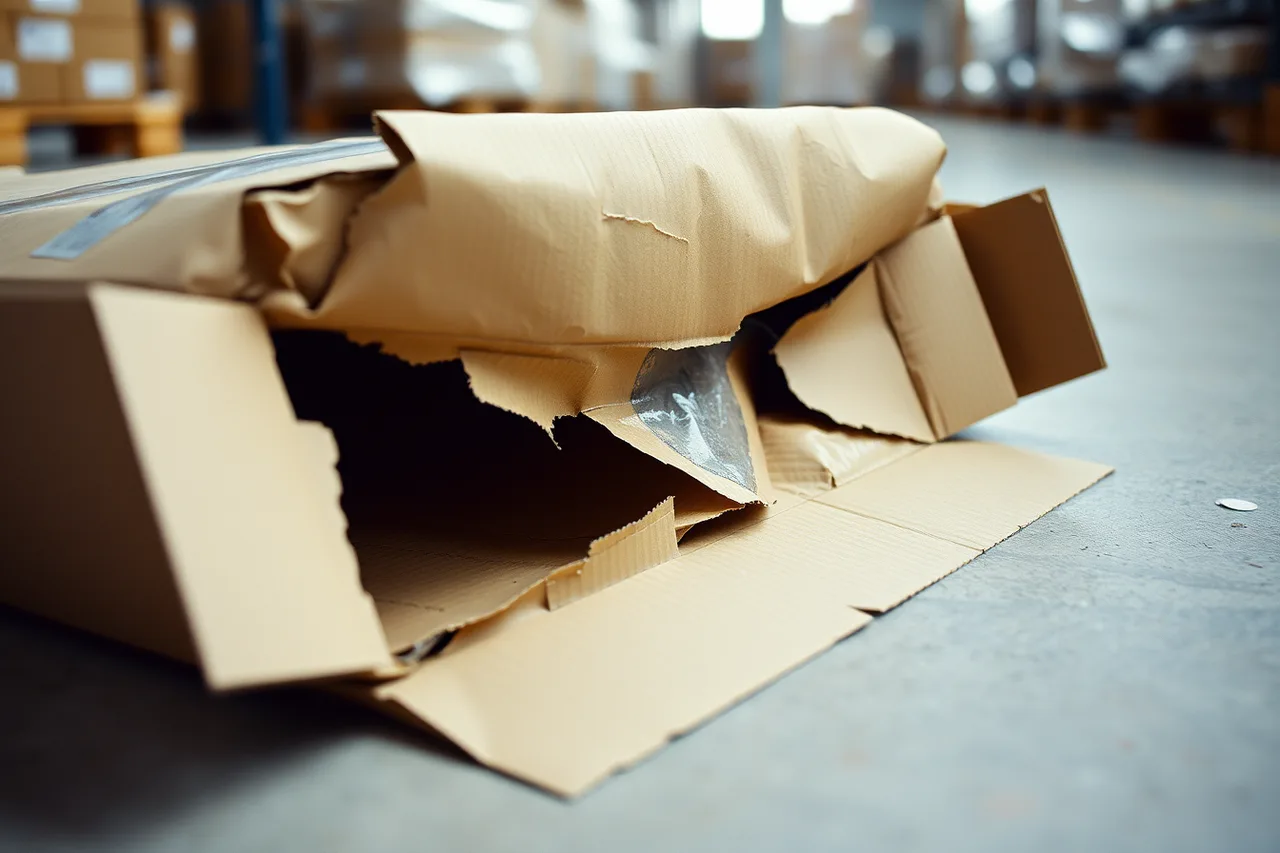 Crushed corrugated box with a failed seal on warehouse floor (Printed claims or proven facts? Packaging marketing rules and ethics)