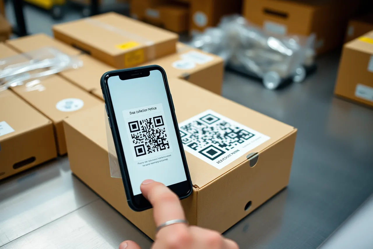 Smartphone scanning a QR code printed on a packaging box (Printed claims or proven facts? Packaging marketing rules and ethics)