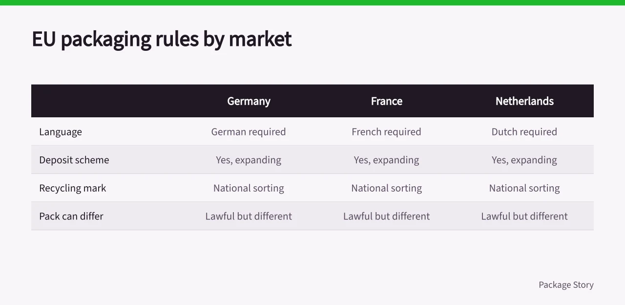 Comparison table of German, French and Dutch packaging labelling requirements (Cross-border unboxing, packaging and labelling for UK brands selling into the EU)